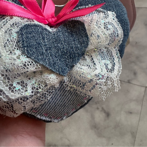 Handmade Denim Heart Charm with Lace and Pink Ribbon - Picture 6 of 9